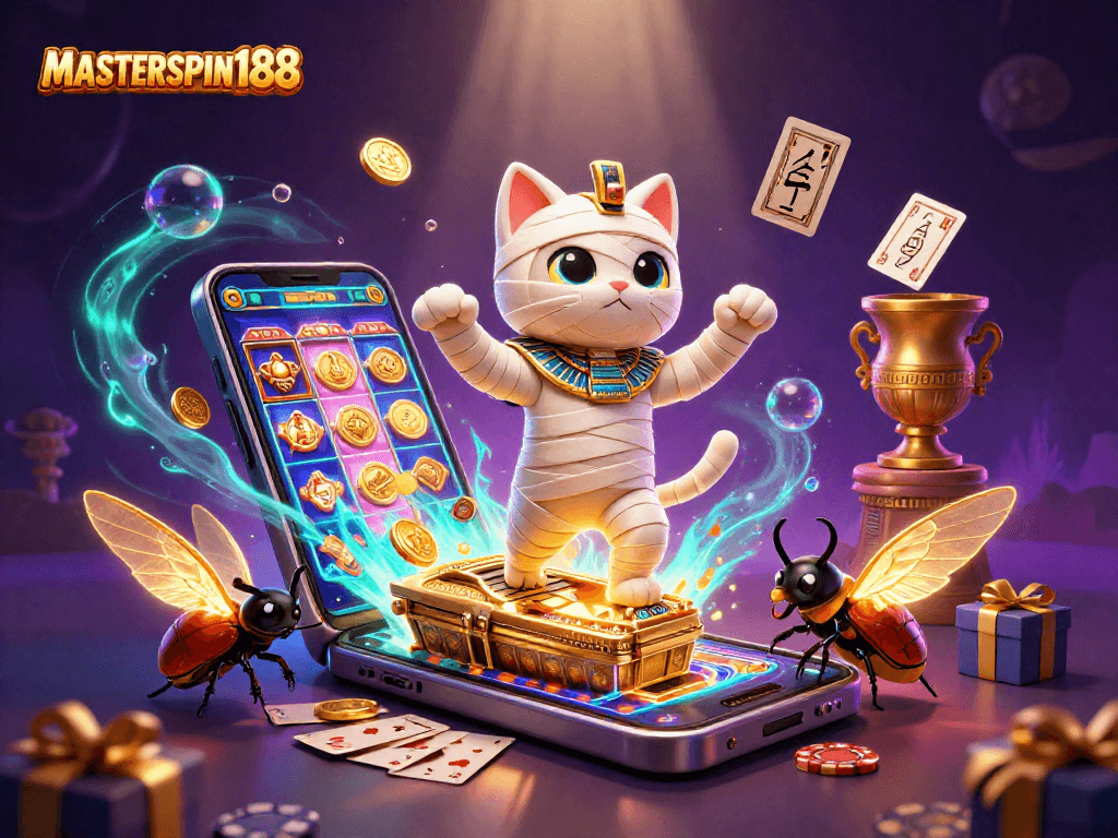 Join the excitement at MASTERSPIN188 with Egyptian adventure-themed slots featuring a mummy cat and glowing scarab!