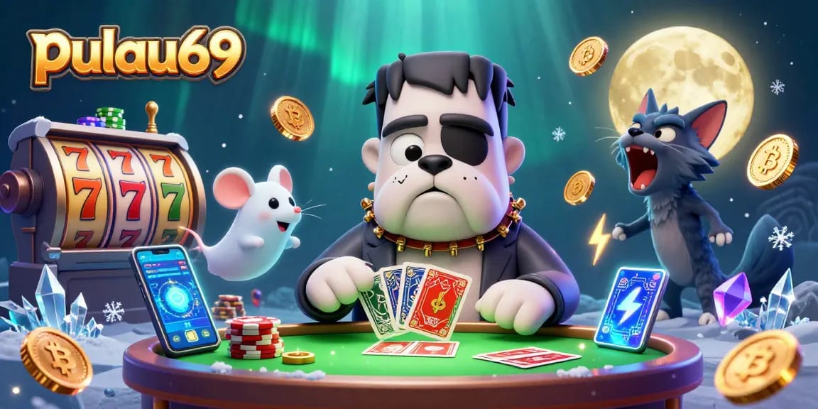 pulau69 showcases a lively casino scene with unique characters and crypto coins, enhancing the gaming experience.