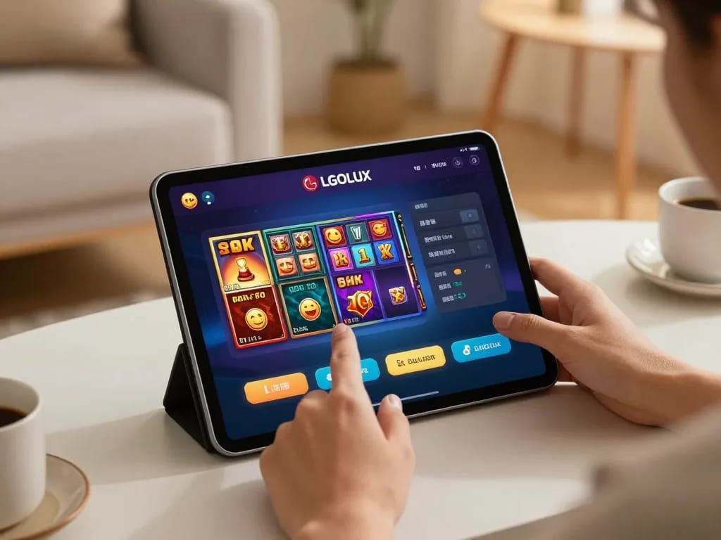 Engaging gameplay on LGOLUX platform showcasing exciting slot options in a cozy home setting