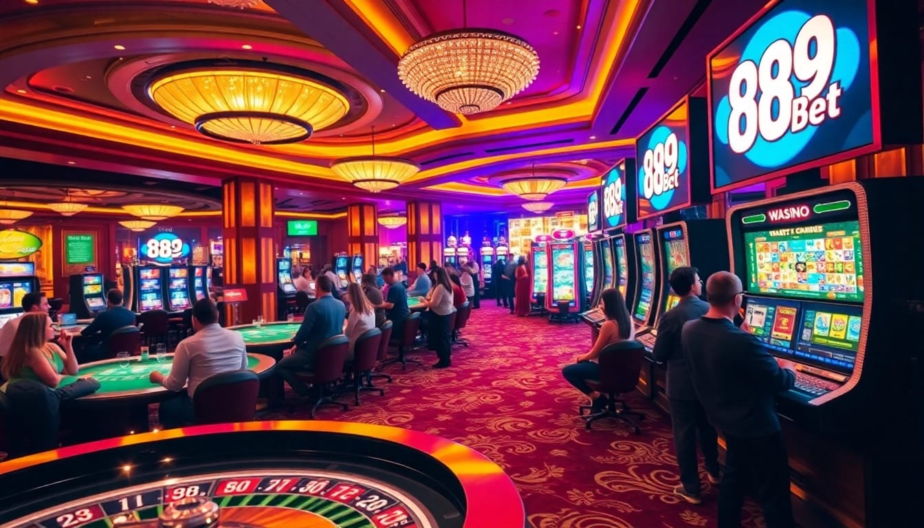 Engaged gamblers enjoying games at 89 Bet casino, featuring vibrant tables and slot machines.
