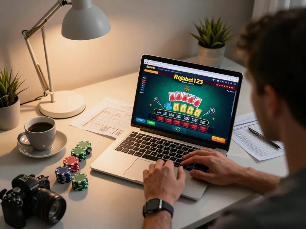 Engaging with Rajabet123 during live dealer baccarat session on laptop at home, showcasing strategic gaming elements.