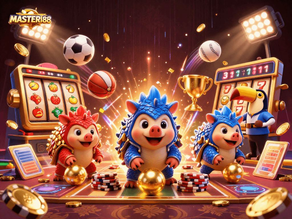 Experience thrilling gaming with MASTER188's competitive pangolin duel amid vibrant casino elements.
