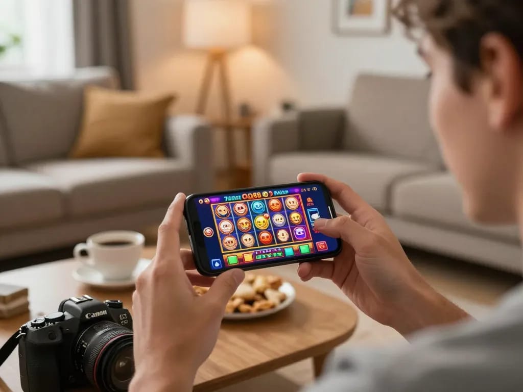 Playing exciting slot games on the QQ 88 app while enjoying a cozy home setup.