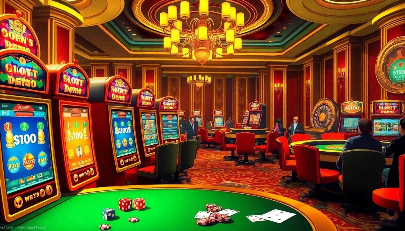 Exciting slot demo games drawing players at a luxurious casino with slot machines and betting slips.