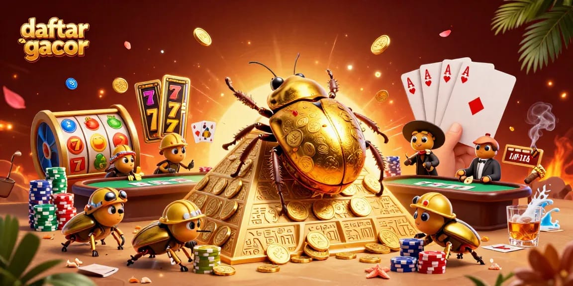 Engage with daftar slot gacor featuring rich 3D illustration of golden beetles amidst vibrant casino elements.