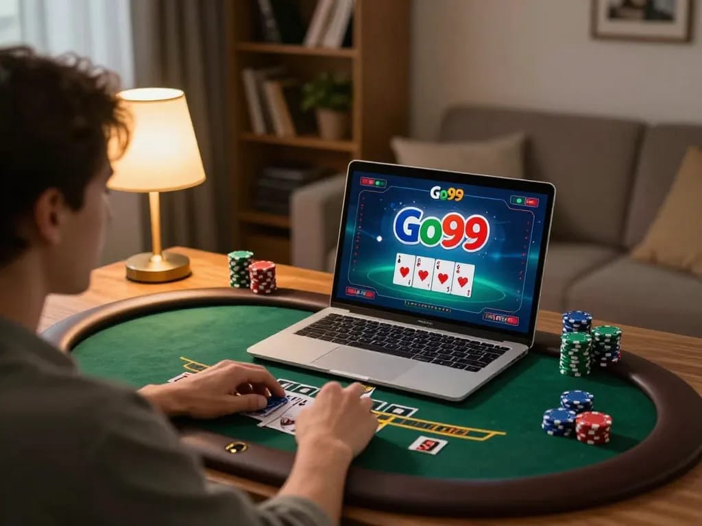 Engaged player enjoying a live dealer game on Go99 at home, showcasing online gambling excitement.