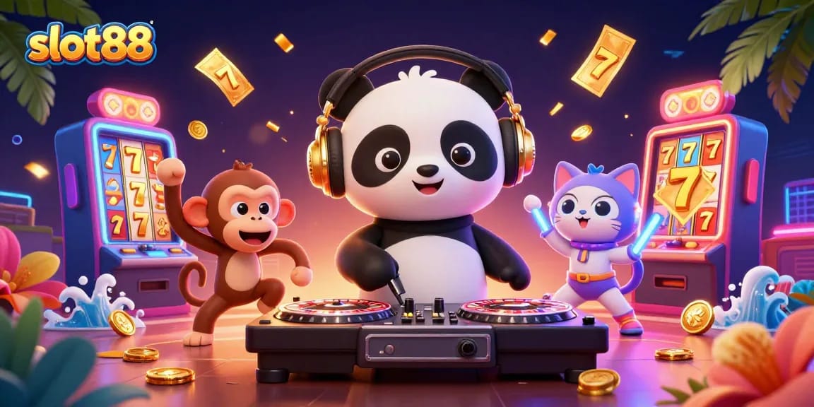 Spin to win with slot88, featuring a DJ panda and exciting game elements in vibrant 3D illustration.