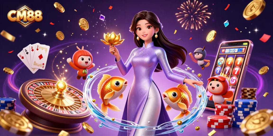Experience thrilling gaming with CM88's vibrant digital casino scene featuring elegant characters and dynamic elements.