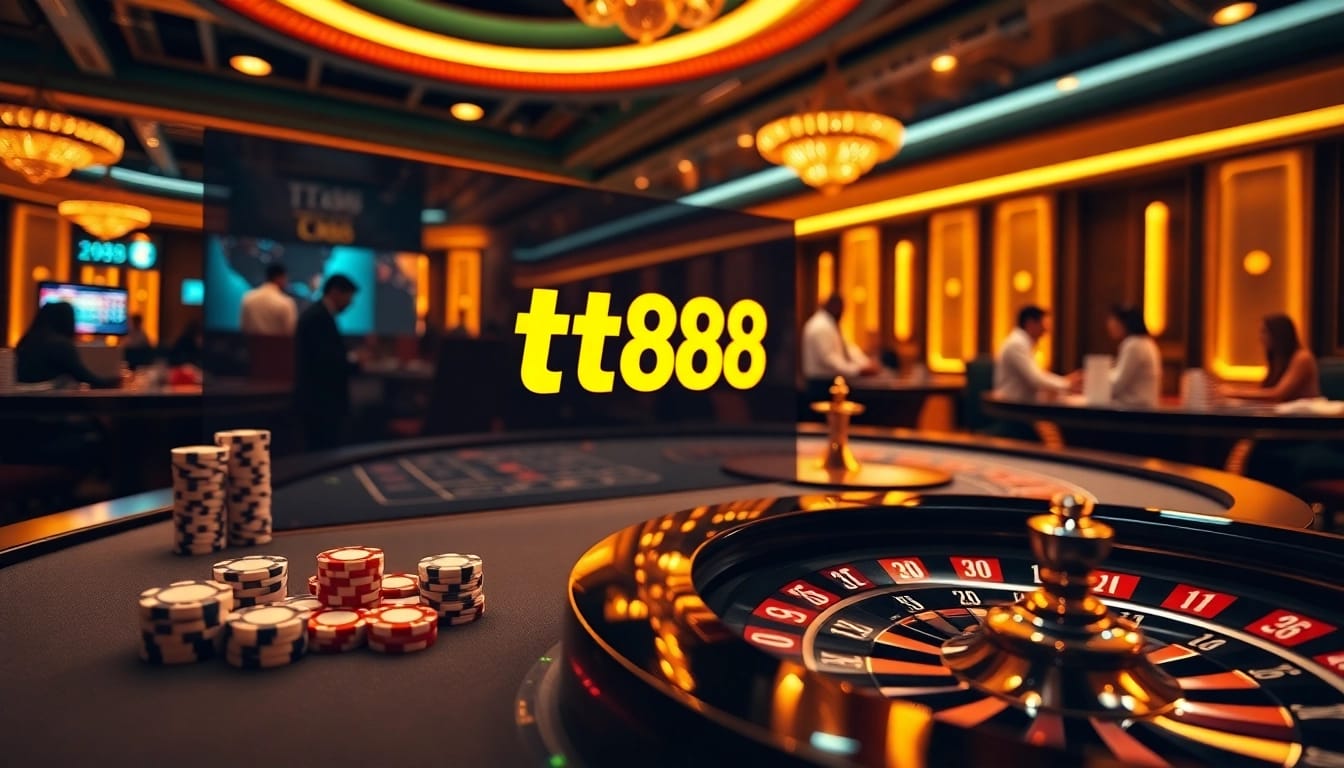 Exciting online gambling scene at tt88 featuring poker chips and roulette wheel.