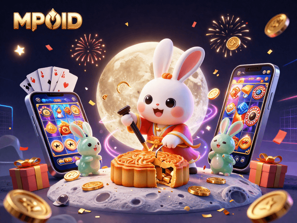 MPOID engages players with lottery fun, featuring a whimsical moon rabbit and vibrant gaming elements.