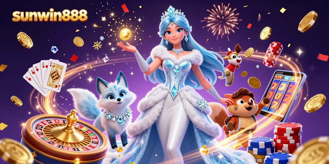 Experience the excitement of sunwin888 with a stunning casino-themed illustration full of vibrant elements.