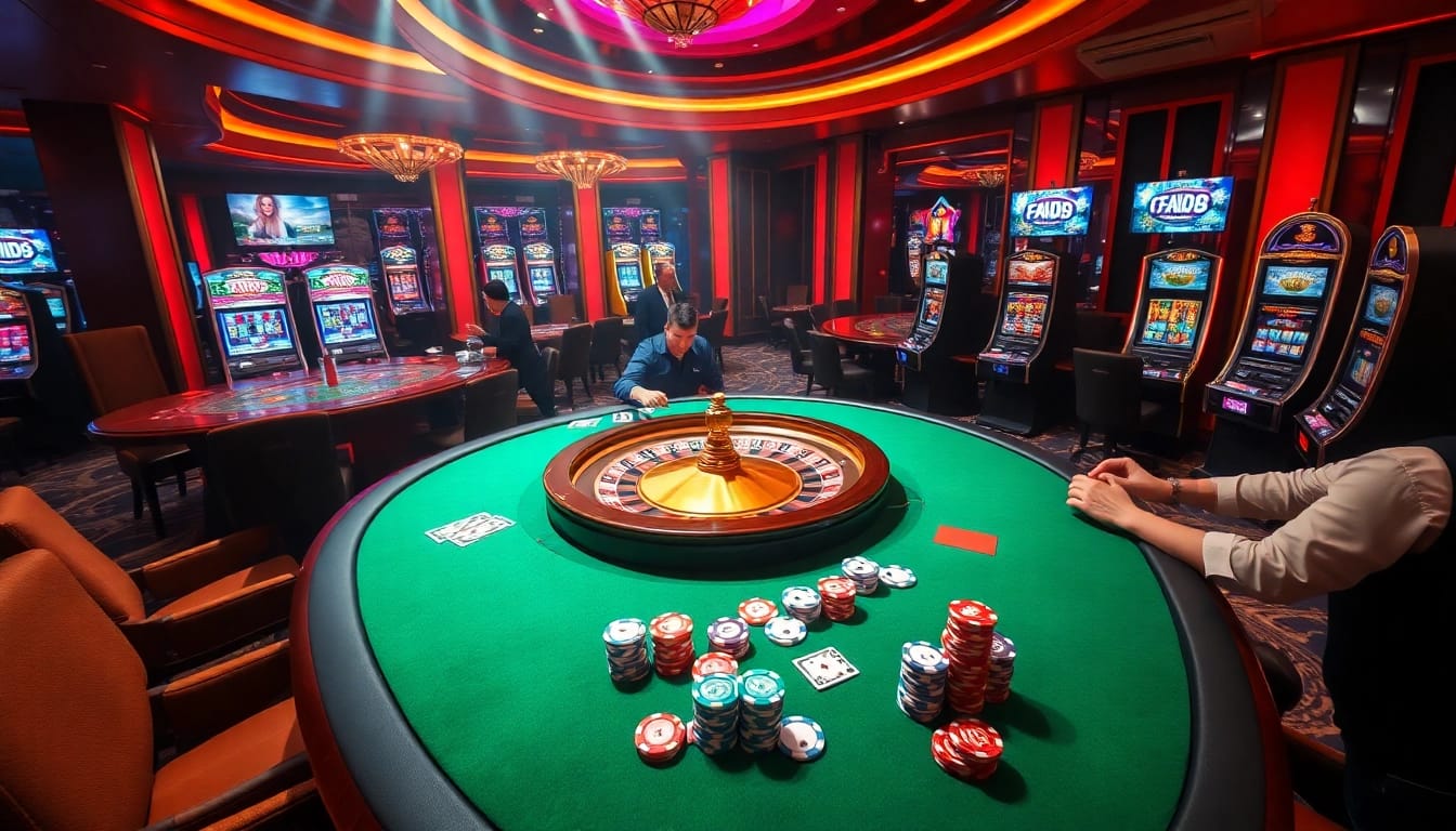 Players immerse in F168's thrilling casino games with vibrant slot machines and poker tables.