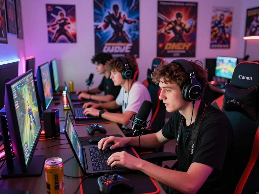Exciting NK88 online gaming scene with players engaged on devices in a vibrant environment.