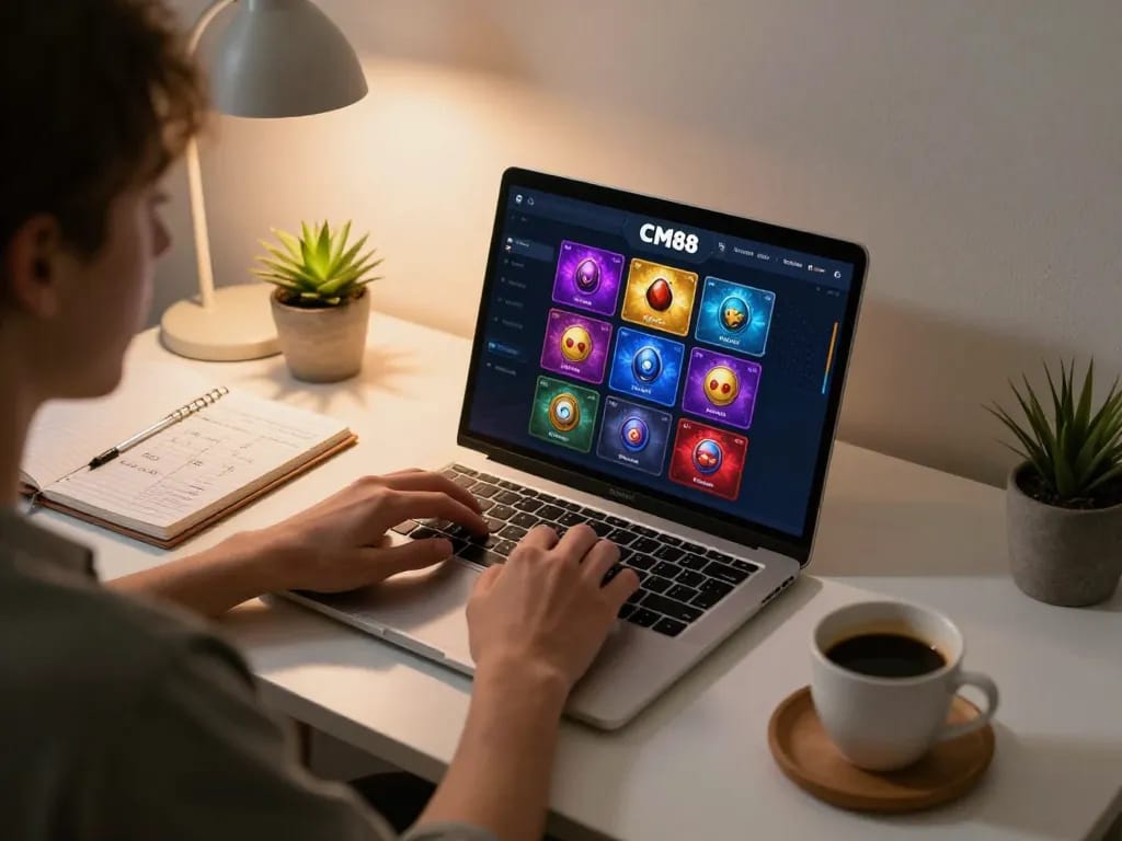 Player engaging with the CM88 online casino interface at home, showcasing focused gameplay.