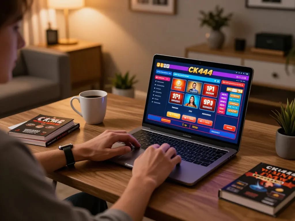 Player engaging in CK444 online casino gaming at home, enjoying poker and slots for entertainment