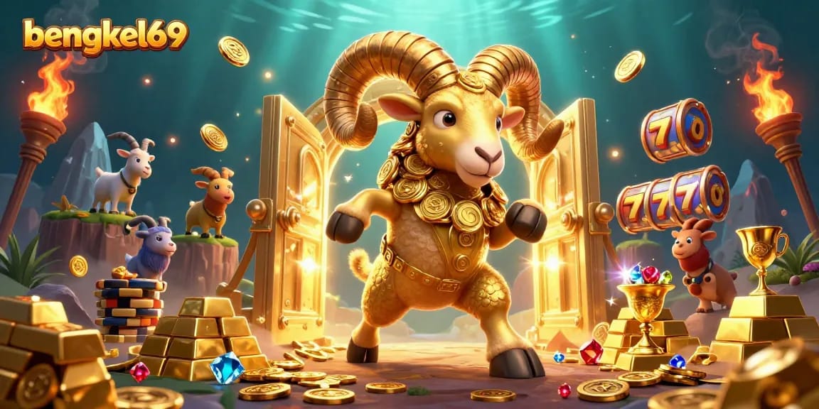 Bengkel69 attracts players with a vibrant scene of a golden ram charging towards treasure amidst sparkling slot elements.
