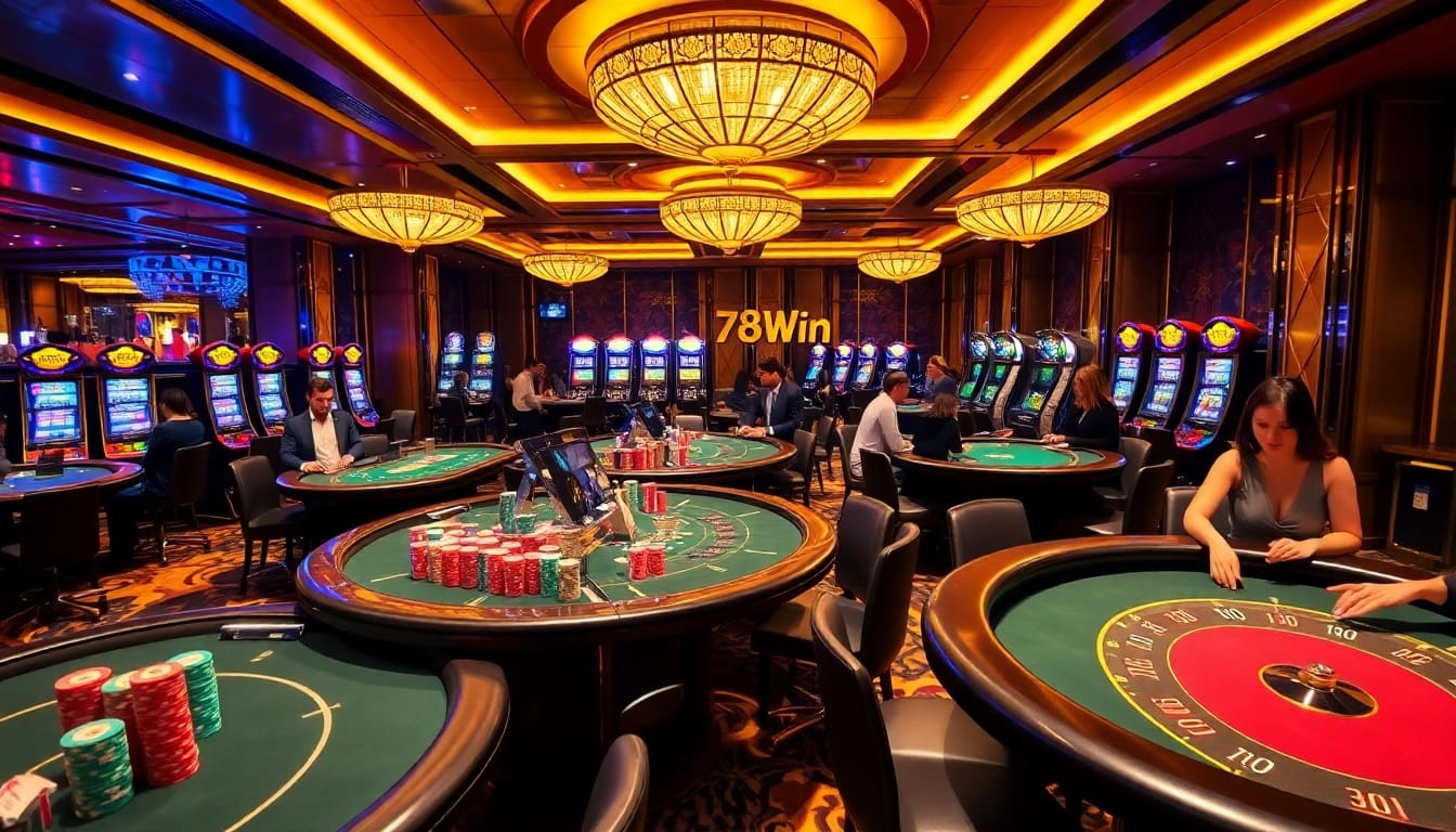 Exciting casino scene featuring 78Win branding, captivating table games, and vibrant atmosphere.