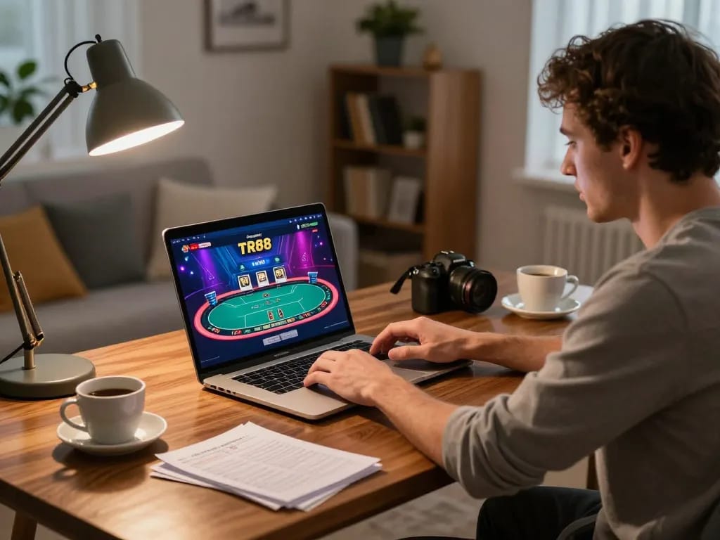Engaging gameplay on laptop showcasing TR88 poker game in a cozy home office.
