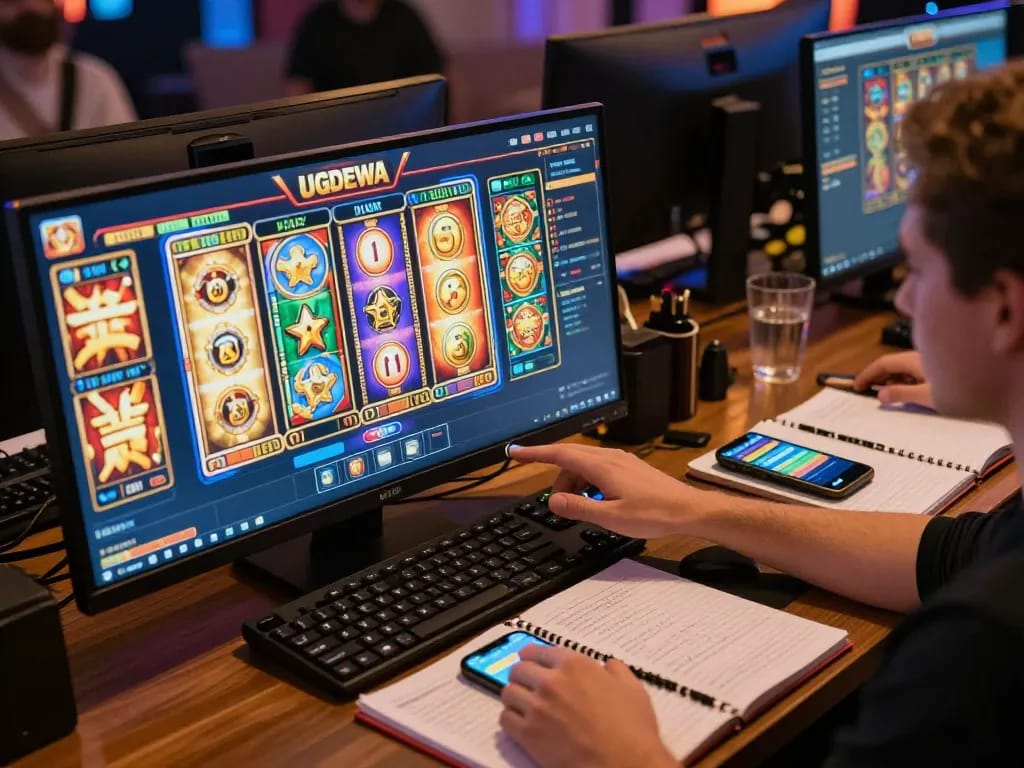 UGDEWA slot gaming experience with a player engaged in spinning reels on multiple screens for optimal strategy.