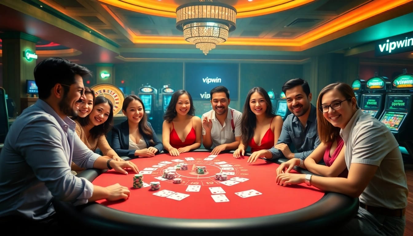 Exciting poker game with vipwin elements, showcasing vibrant chips, cards, and a roulette wheel.