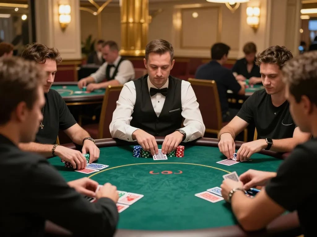 Engaged players strategizing during high-stakes game while assessing kèo nhà cái in luxurious casino.
