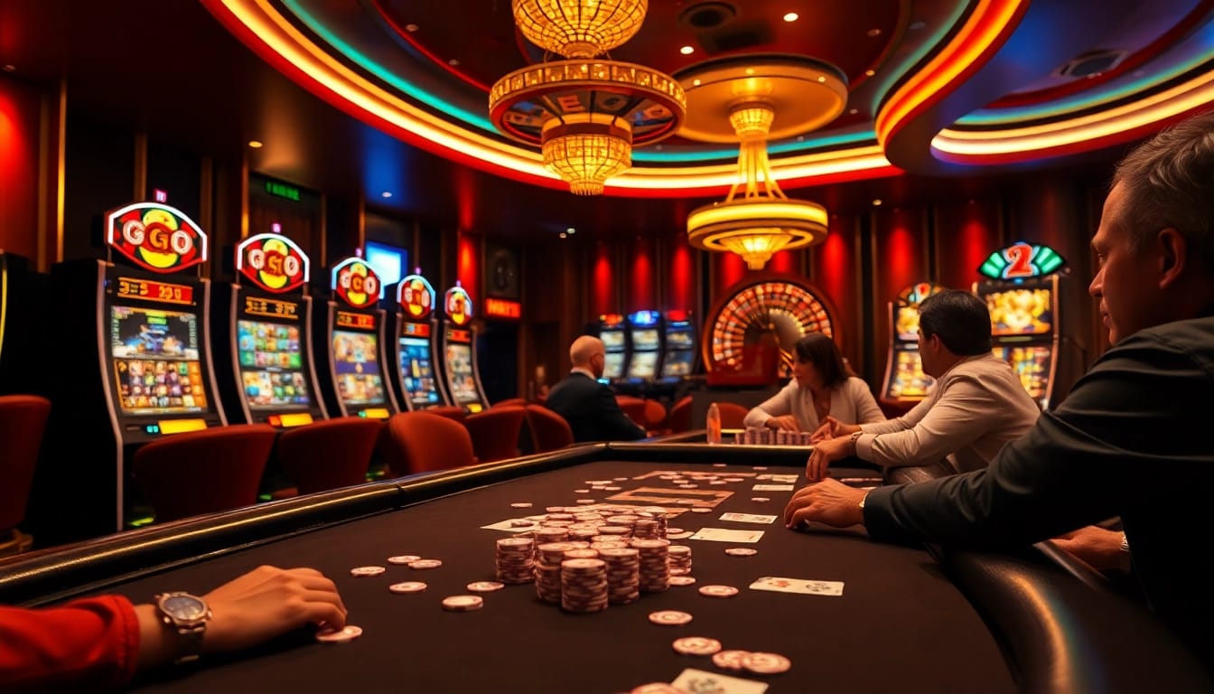 Players engage in an exciting poker game at a go8-themed casino table, surrounded by vibrant slot machines.