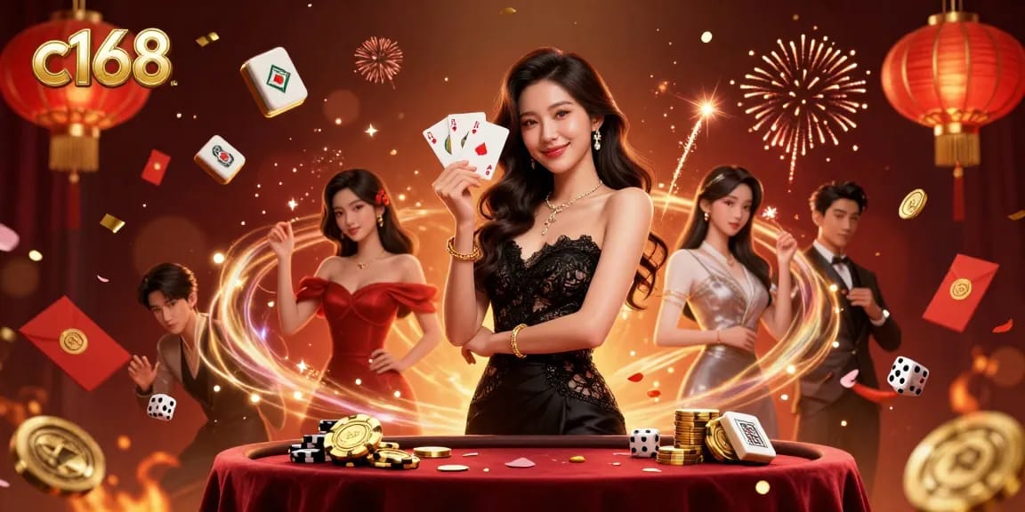 Experience the excitement of c168 with a glamorous casino scene featuring an elegant Asian woman holding playing cards.