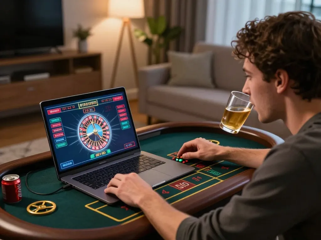 Player engaging in tr88 roulette online, focused on betting strategy in a cozy living room.