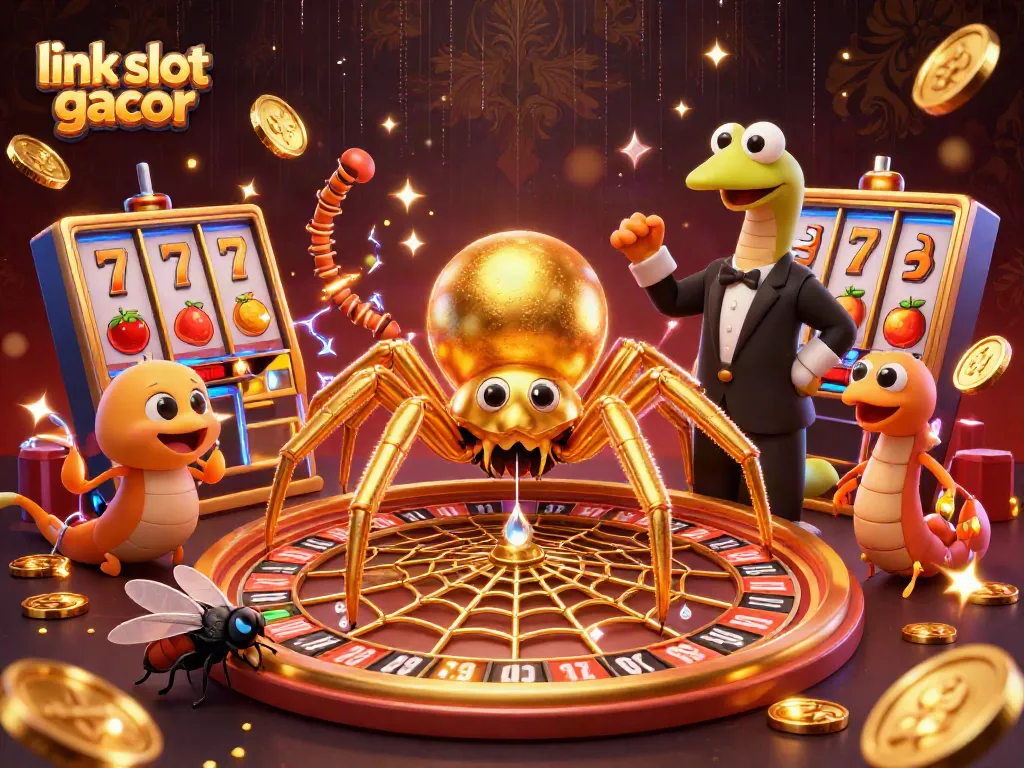 Engage with link slot gacor as a golden spider spins a roulette web, illustrating thrilling casino action.