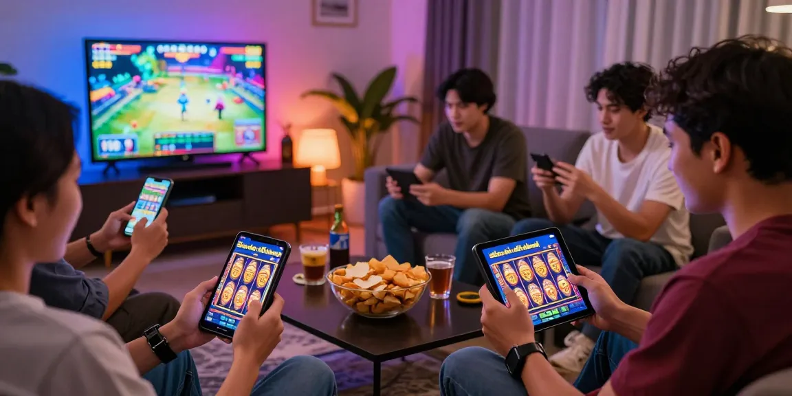 Friends enjoying interactive gaming on situs slot raffi ahmad with colorful LED ambiance.