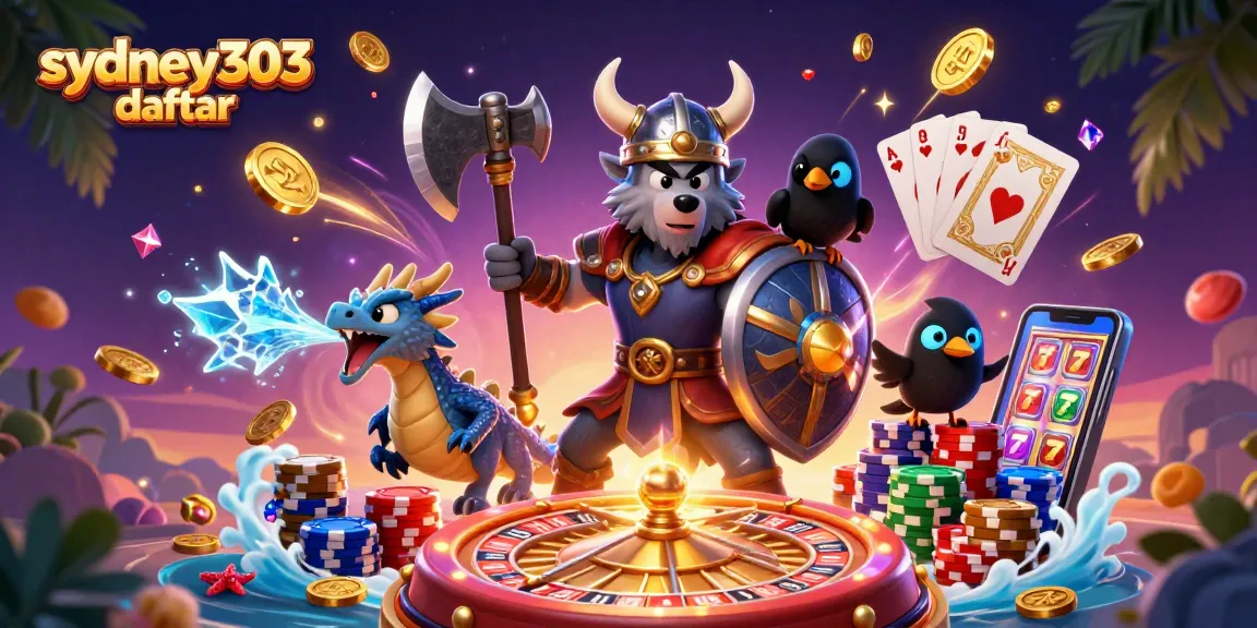 Menang besar dengan sydney303 daftar di kasino online, gambar ilustrasi 3D menarik dengan karakter dan elemen permainan.