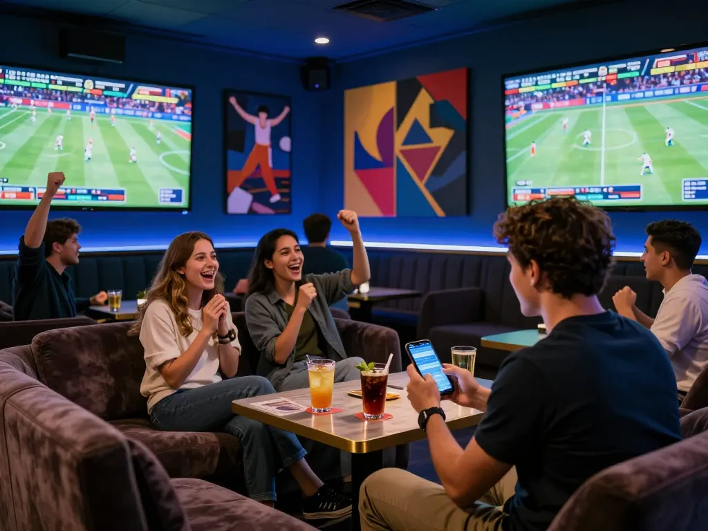 Person placing bets on Net88 sportsbook app during a live game event in a lively lounge.