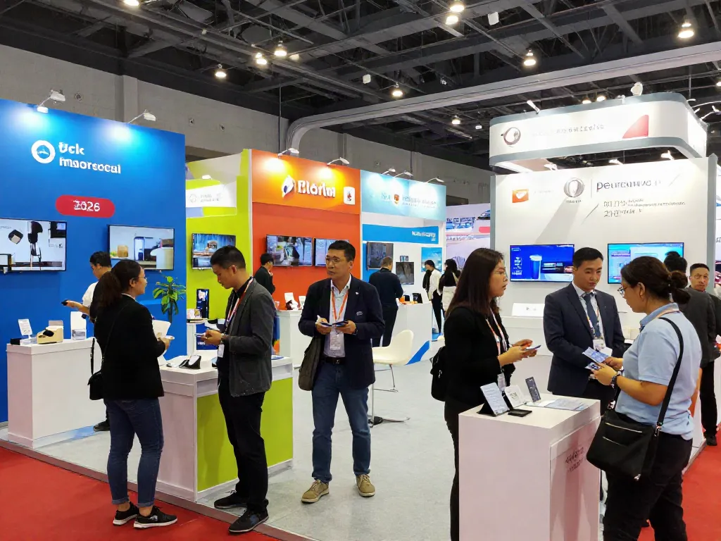 Eksibitor booths bustling with activity at a vibrant trade fair in 2026, showcasing innovative products and networking.