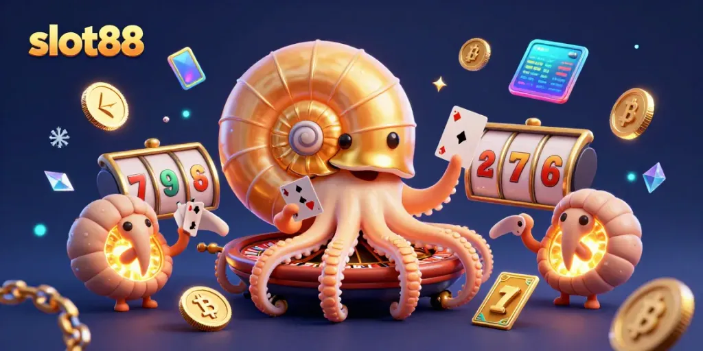 Experience the excitement of slot88 with a captivating scene of a nautilus and glowing ammonite fossils, surrounded by game elements.