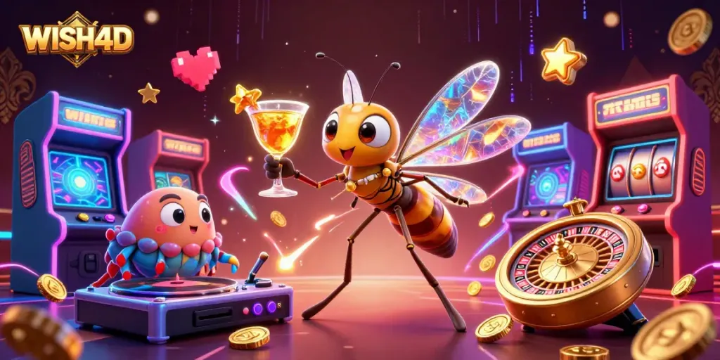 Engage with WISH4D's vibrant casino world, featuring unique characters and interactive game elements.