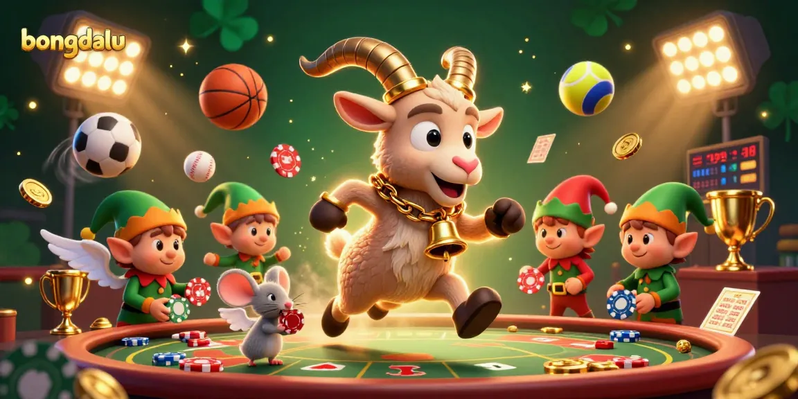 Engage with bongdalu's thrilling casino experience featuring festive characters amid dynamic sports elements.