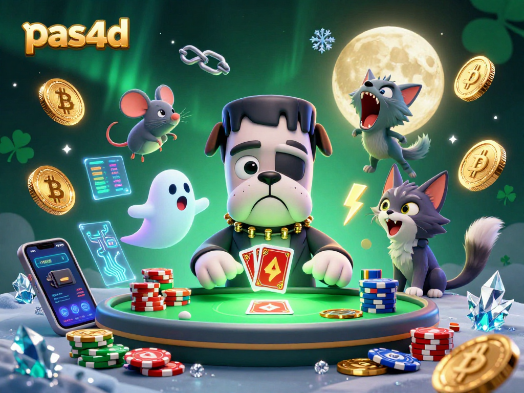 Pas4D menghibur pemain dengan bulldog Frankenstein bermain kartu dan kucing werewolf di meja kasino.