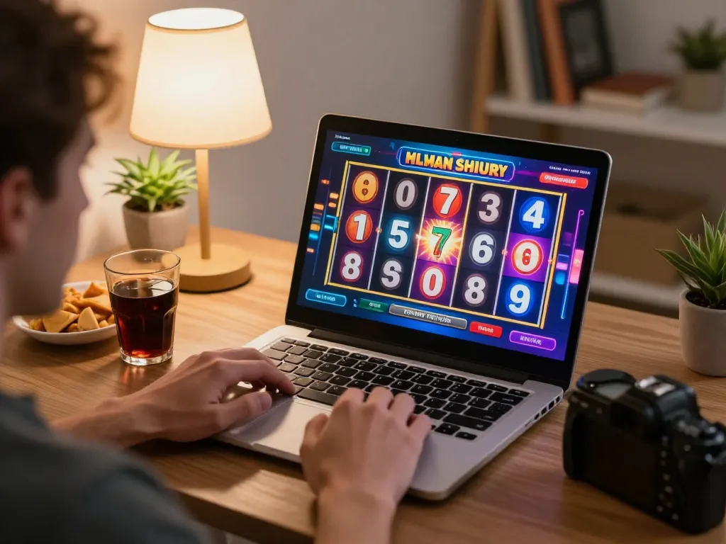 Engaging player enjoying KEONG178's online slots experience on a laptop in a cozy home setting