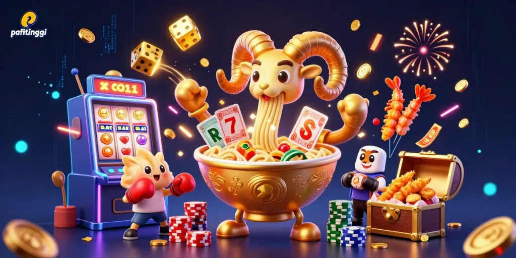 Mainkan permainan kasino seru di pafitinggi dengan ilustrasi karakter slot unik dan elemen gembira.