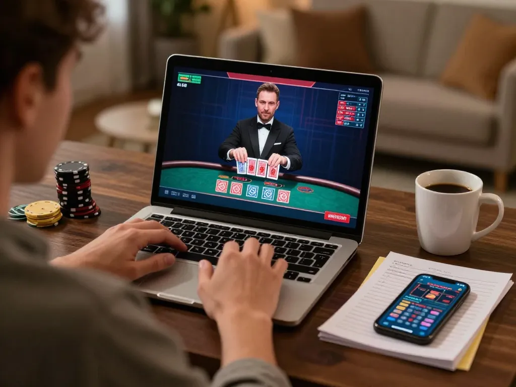 Terlibat dalam blackjack online di rumah menggunakan laptop, dengan antarmuka kasino paris888 yang terlihat, mempromosikan perjudian yang bertanggung jawab.