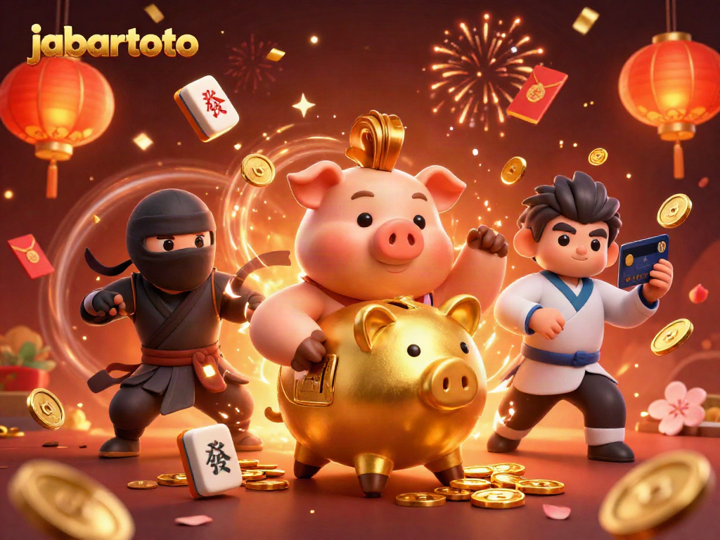 Jabartoto menghadirkan ilustrasi kasino yang meriah dengan piggy bank emas dan karakter unik lainnya.