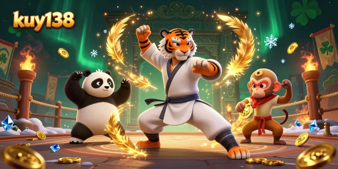 Gambarkan aksi kupon taruhan kuy138 yang menarik dengan macan kung fu, panda, dan monyet mencuri medali.