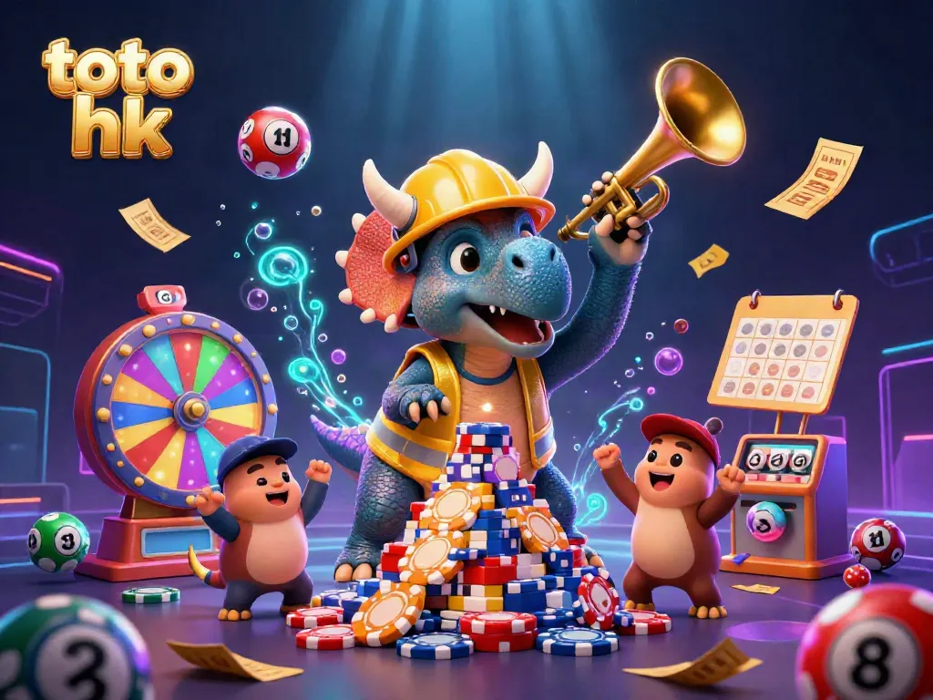 Ilustrasi 3D bercorak kartun menampilkan toto hk dengan dinosaurus beraksi dalam suasana kasino yang meriah.