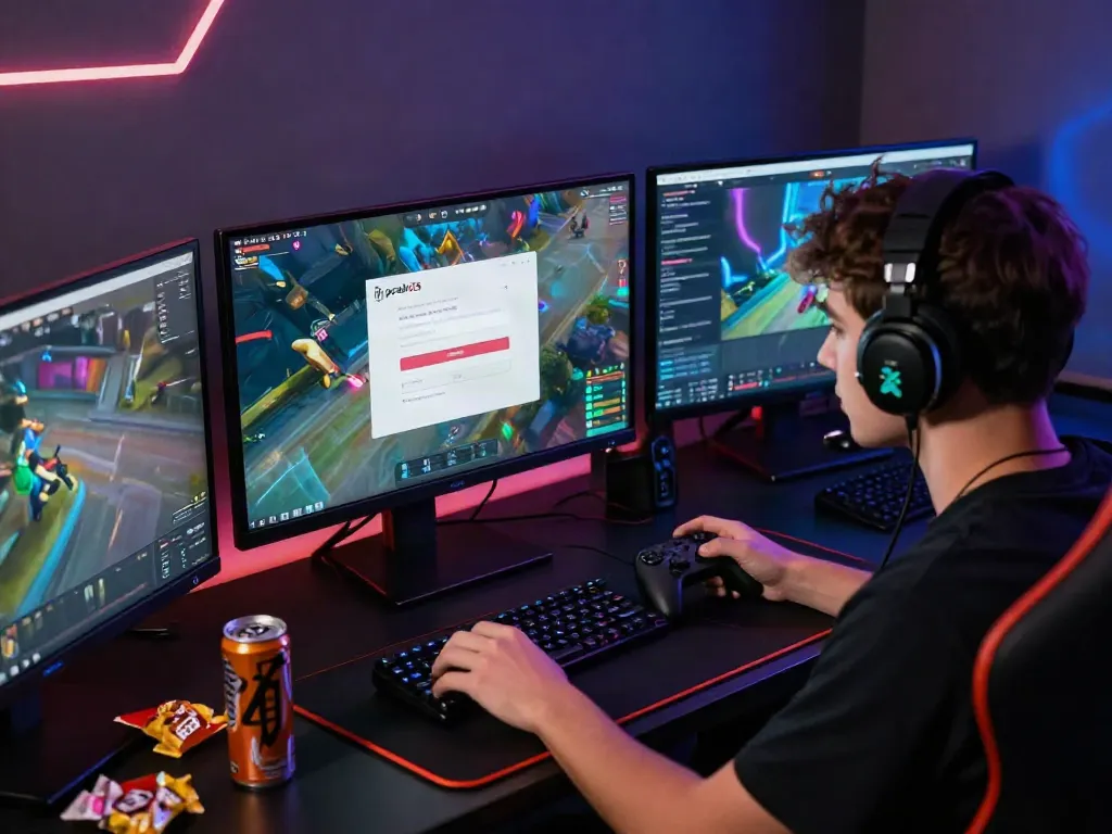 Proses login pecah25 dengan gamer muda di setup modern, suasana penuh warna dan interaksi.