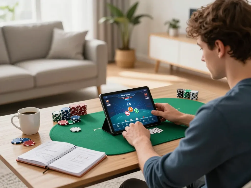 G28 player engages in an online poker game, highlighting strategic gameplay at home.