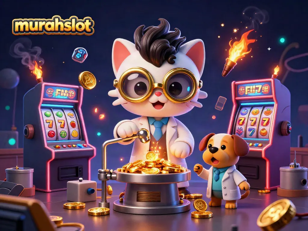Engage with murahslot as a mad scientist cat and dog create gold coins amidst colorful slot machines.