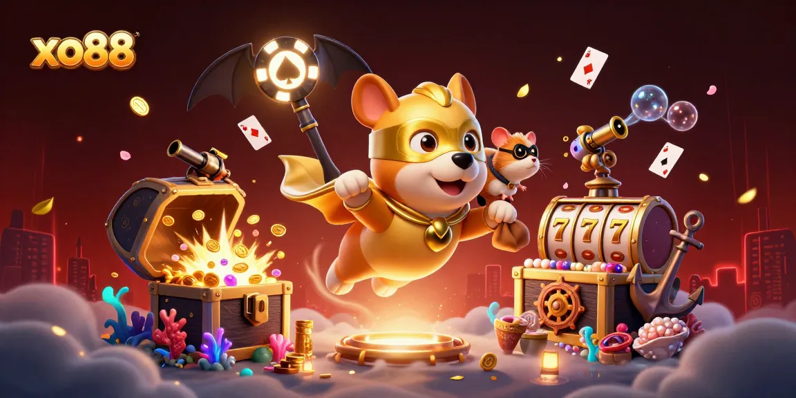 Engage in the excitement of xo88 as the superhero dog flies through a vibrant casino-themed world.