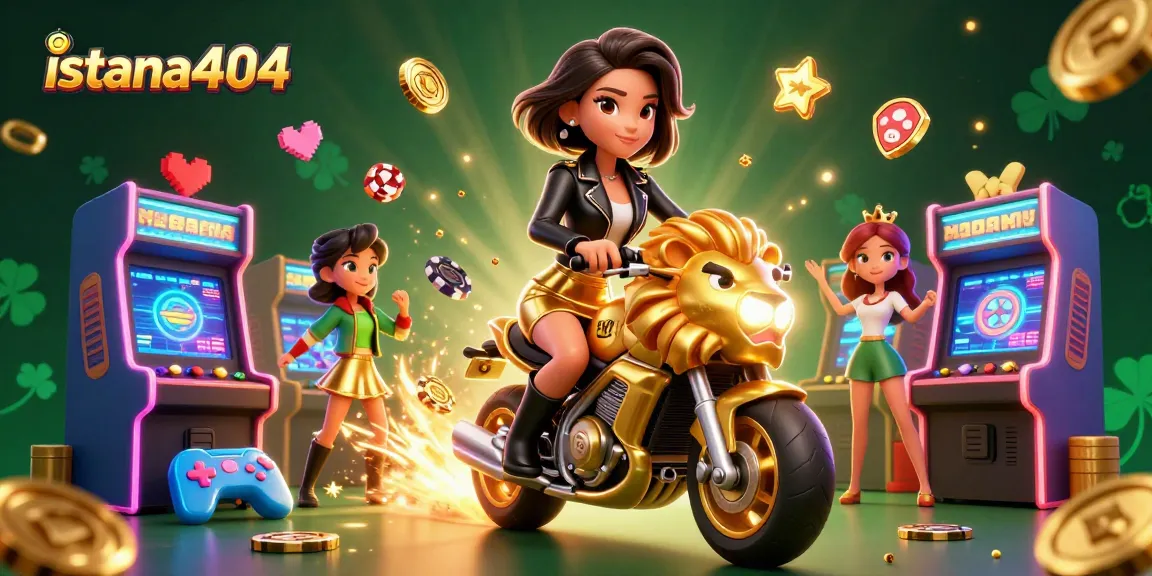 Experience the thrill of istana404 with this vibrant digital illustration featuring glamorous characters and arcade games.