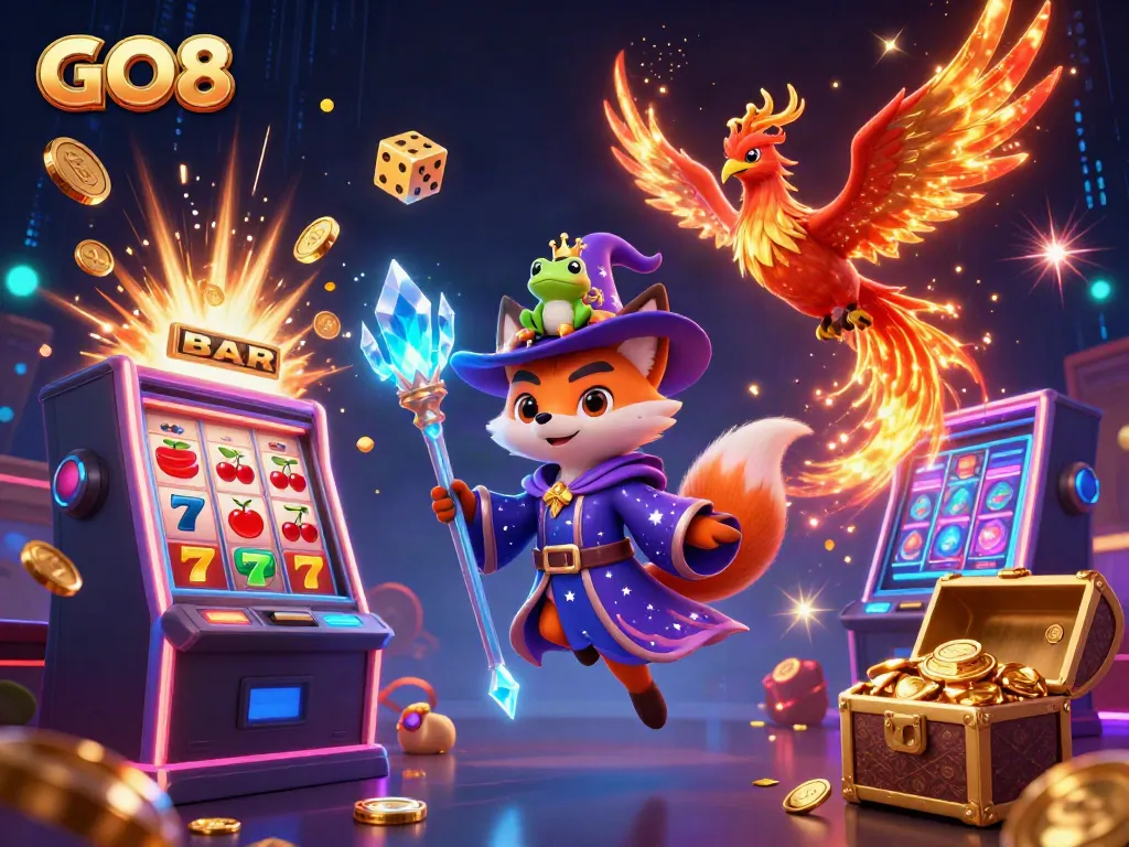 Engaging illustration of GO8 gaming scene with characters and vibrant casino game elements