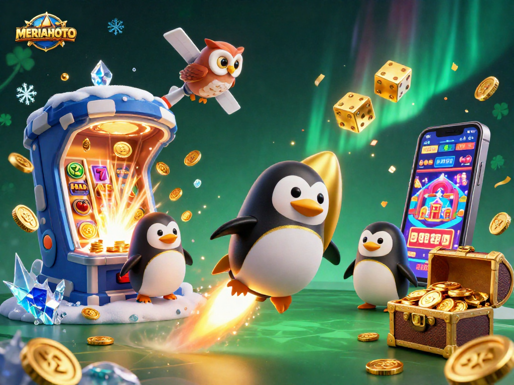 Permainan MERIAHTOTO menampilkan penguin emas bertenaga roket dengan mesin slot raksasa dan harta karun berkilau.